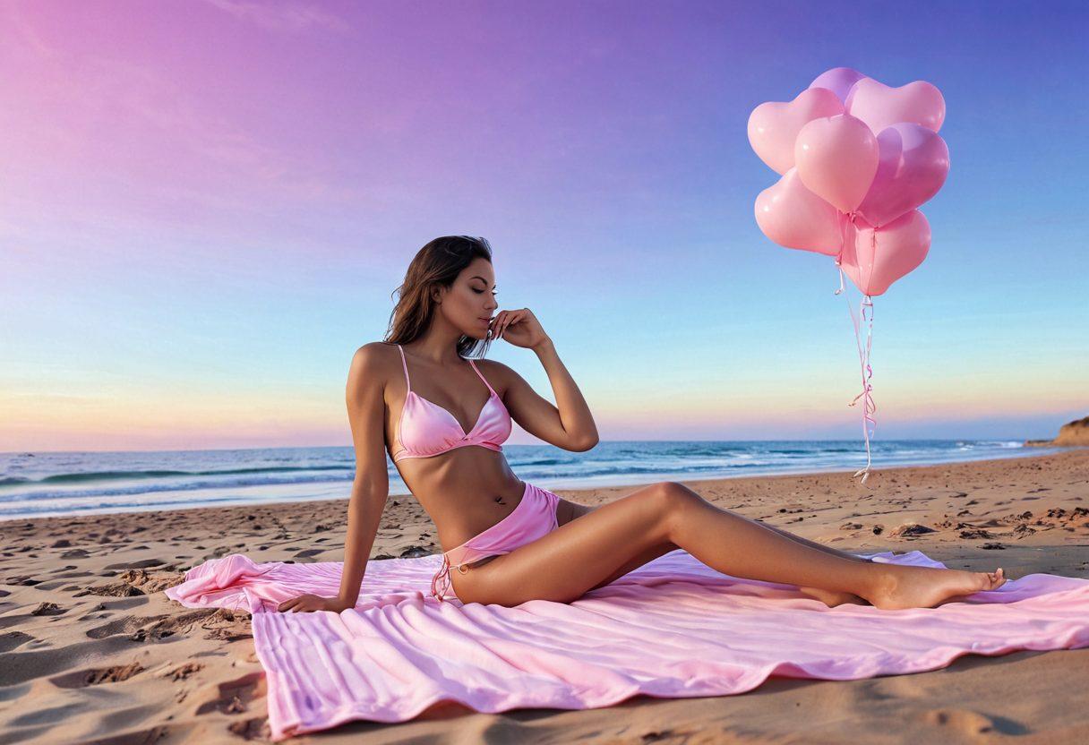 A serene beach scene featuring a model in trendy pink swimwear, gracefully lounging on a pastel-toned beach towel. The sky is a melting gradient of pinks and purples, evoking a tranquil yet melancholic atmosphere. Surrounding her are soft, dreamy elements like gentle waves, pink seashells, and floating heart-shaped balloons. Incorporate a subtle overlay of abstract emotional expressions in pastel colors. vector art. vibrant colors. soft focus.