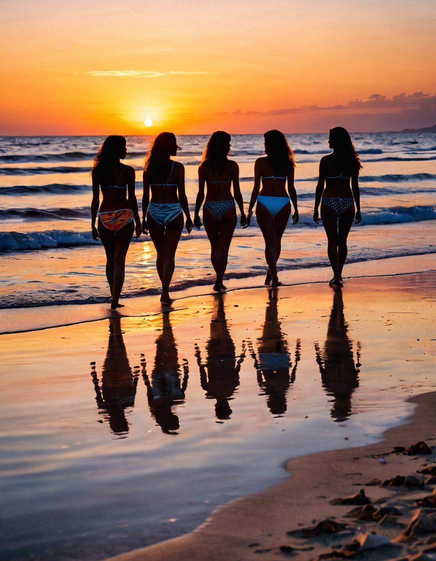 A serene beach scene at sunset, featuring a diverse group of women wearing stylish bikinis that express unique, emotional styles. Each bikini showcases different patterns and colors symbolizing self-expression and melancholy, with soft waves and gentle breezes adding to the atmosphere. The sky transitions from warm oranges to deep blues, creating a reflective mood. Elements like seashells and soft sand footprints can be scattered around to enhance the summer vibe. super-realistic. vibrant colors. sunset background.